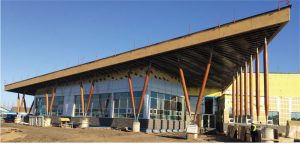 Figure 6. Sloped wood columns support an over-hanging roof in Grand Prairie, Alberta. Courtesy of Stantec.