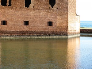 Figure 4: Settlements are as much as 24 inches per 200 feet. Here the water level in the moat makes settlement observation easy at Bastion 1.