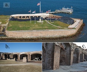 Figure 1: The current state of Fort Sumter National Monument: (a) aerial view, (b) barrel vaulted casemates, and (c) degradation of brick and mortar piers.