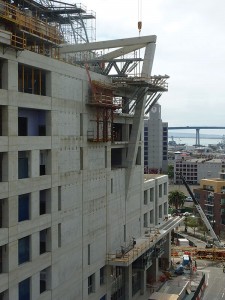 Figure 5: A 90-foot tall inclined column supports a hybrid cast-in-place and precast concrete roof deck at the 9th floor.