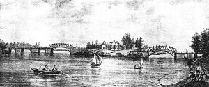 Newburyport – Essex-Merrimack Bridge 1792, Newburyport on the right looking easterly.