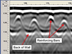 Figure 5: Surface Penetrating Radar output image showing masonry wall thickness and reinforcing bars.