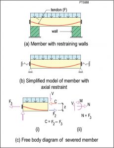 Figure 4. Post-tensioned member with support restraint. F3 is the support restraint, which is modeled with a spring as shown in part (b).