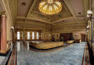 Figure 2. The Hibernia Bank Building main banking hall with banking counters and stained glass laylights overhead. Courtesy of Bruce Schneider.