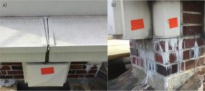 Figure 4. a) Full cornice replacement with GFRC. Note shrinking of sealant, opening of joints, water infiltration, and subsequent calcium leaching; b) Detail.