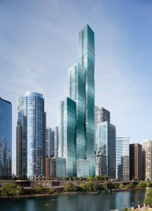 Building rendering across Chicago River. Courtesy of Magellan Development Group.