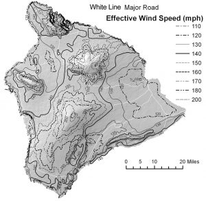 Figure 4. Example of ASCE 7-16 Risk Category II Hawaii effective wind speed map. Printed with permission from ASCE. See ASCE 7-16 for important details not included here.