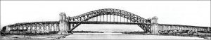 Profile of Hell Gate (Engineering Record) with original steel approach towers and spans.