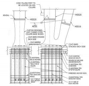 Custom designed cast steel column base node details as shown in the structural set.