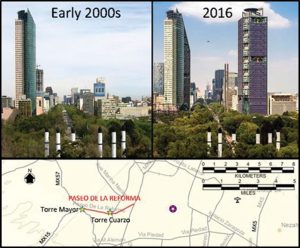 Figure 9. Paseo de la Reforma development in the past two decades (top). Location of the iconic towers Torre Mayor and Cuarzo Reforma (bottom). (Top left ©2003-2006 by V. Shmatikov; top right by S. Ruiz).