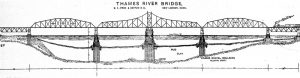 The second design of the Thames River Bridge, 1888, with a 503-foot swing span.