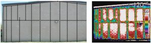 Figure 7. Concrete masonry construction: reinforcement located with pachometer scanning is shown as dashed lines in the left image; infrared image (right) shows internal grouted cells as cooler zones.
