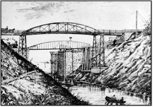 Later view of the site with iron swing span on the same abutments replacing Whipple’s Bridge and a Whipple Truss on high piers replacing the suspension bridge.