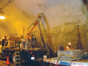 Specialized rock coring equipment for explorations within an existing tunnel.
