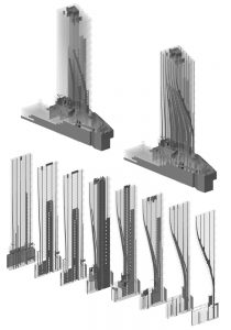Vancouver House model views. Core only (top left); Full structure (top right); Full structure exploded section view (bottom).