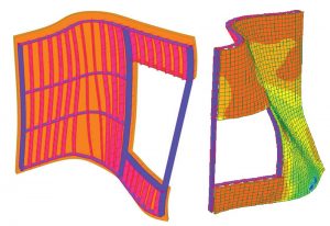 Figure 9. Finite element model of brickwork panel and associated steel substrate (left) and wall stress contour output (right).