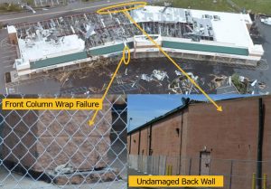 Figure 3. Building B overall damage; typical front column wrap shear failure in mortar joint (left); back wall of building undamaged (right). Aerial photo from 570 Drone footage.