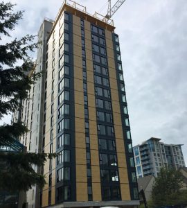Figure 1. Brock Commons-Student Housing, Vancouver, BC. Currently the tallest mass timber building in North America at 18 stories.