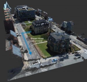 Figure 2. Drone photography and laser scanning combined to create a point cloud of Sharpe House in its original location.