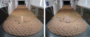 Figure 3. Standardized CAARC models in the wind tunnel: High-Frequency Balance Model (left) and High-Frequency Pressure Integration model (right). Courtesy of CPP Wind Engineering.