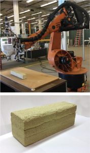 Figure 2. Enhanced articulated robot (top) and the printed sulfur concrete sample (bottom).