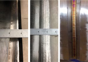 Figure 5. AWS Code D1.6 structural stainless-steel welding craftsmanship: Left and Center: Interpass and cover pass welds (mechanized GTAW) on 1.25-inch-thick plate (1G position). Right: A manual GTAW hot pass (2nd pass) weld bead on a 1.5-inch-thick plate (3G position).