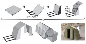 Figure 1. Origami-inspired Deployable Shelter. Top row (left to right): packaged shelter, lifting via the lever arm, and deployed module. Bottom row (left to right): two models erected, multiple modules interfaced with Tricon container, and full-scale deployed prototype.