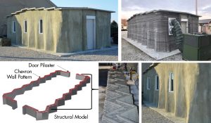 Figure 2. 3D-printed Barracks Hut. Photos courtesy of the U.S. Army Corps of Engineers. Rendering courtesy of Skidmore, Owings & Merrill.