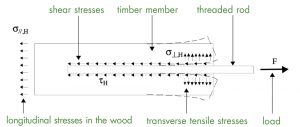 Figure 2. Stresses in timber around the glued-in rod loaded in withdrawal. From Fabris (2001)