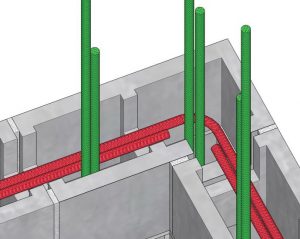 Figure 3. Close-up view of reinforced masonry corner condition with single vertical bars and single bond-beam reinforcement with realistic laps showing moderate congestion.