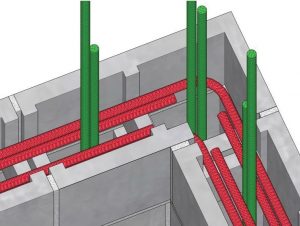 Figure 4. Close-up view of reinforced masonry corner condition with single vertical bars and double bond-beam reinforcement showing significant congestion.