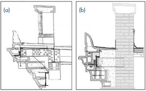 Figure 4. Terra cotta cornice and parapet section. Original condition (left); repaired section (right).
