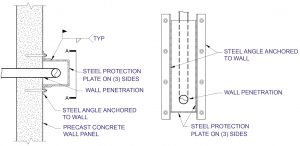 Figure 2. Plan view – pipe penetration in exterior wall (left); Elevation view A-A (right).