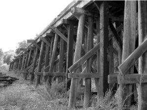 Inverted W wooden trestle with piles, similar to Blackshear.