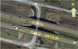 Figure 2. EB US 80 Bridge over the frontage road top view (map data: ©2018 Google).