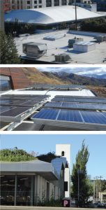 Figure 1. Examples of roof dead loads – HVAC equipment, solar panels, and vegetative roofs.
