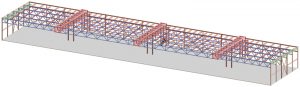Figure 2. Cantilevered steel truss systems specified for aircraft maintenance hangars create massive, open-span bays. Cantilevered trusses highlighted in red, joist girders in blue, horizontal trusses in green.