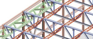 Figure 4. In a sloping, cantilevered hangar structure, horizontal trusses (green) may be supported by interweaving steel joist girders (blue) at different connection points.