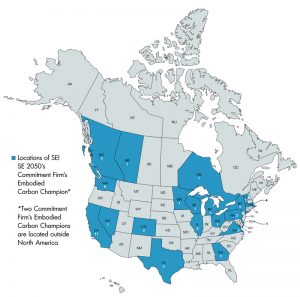 Figure 1. Distribution of SEI SE 2050 commitment firm’s embodied carbon champion in North America (Map created with mapchart.net).