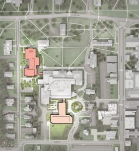 Partial site plan of Williams College depicting the Wachenheim Science Center to the north and the Hopper Science Center to the south.