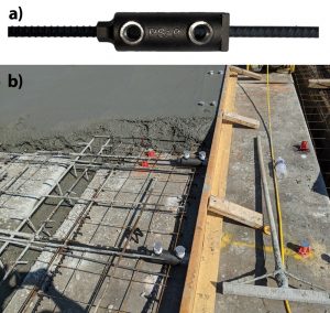 Figure 2. a) PS=Ø Mechanical Reinforcement Splice System provides ductile reinforcement continuation and a gapless pour strip; b) First pour installation of PS=Ø at the AdventHealth hospital in Overland Park, KS.