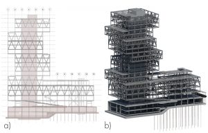 Figure 2. a) Building section; b) render of structural systems.