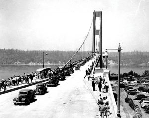 Tacoma Narrows Bridge on opening day.