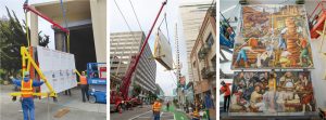Figure 2. Extraction of the travel cart from the mural’s original location (left). Travel frame/cart on the truck bed at SFMOMA (middle). Panel to be hoisted vertically into place into the display structure (right).