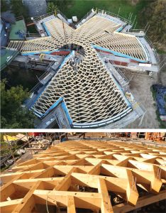 Figure 10. Reciprocal frame roof for Franz Masereel Cultural Centre and workshop, Belgium. Architects: LIST (Japan) Engineers: Bollinger+Grohmann (France). Built 2018-2020. Top: Arial view of the roof during construction. Courtesy of ©VANHOUT.PRO. Bottom: close-up of RF roof during construction. Courtesy of Bollinger+Grohmann.