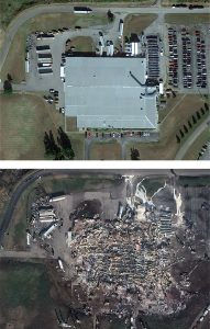 Figure 2. Candle factory in Mayfield, Kentucky, from October 2019 (top) and December 2021 (bottom). Courtesy of Google Earth and Maxar Technologies.