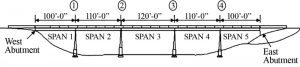 Plan of the bridge showing piers and span lengths; spans 3 and 4 failed.