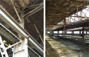 Figure 3. Complex existing conditions at the first story (left) and roof trusses (right).