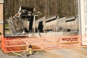 Figure 2. Front view showing the collapsed east wall of the Gatlinburg Wastewater Plant equalization basin.