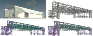 The architect’s rendering, top left (Courtesy of Ghafari Associates); structural rendering, top right; Tekla rendering mill order, bottom left; and Tekla rendering connection model, bottom right.